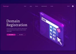 Domain registration isometric landing page. Website hosting concept with digital device screen and names list for online store, blog or business services on purple background, 3d vector web banner